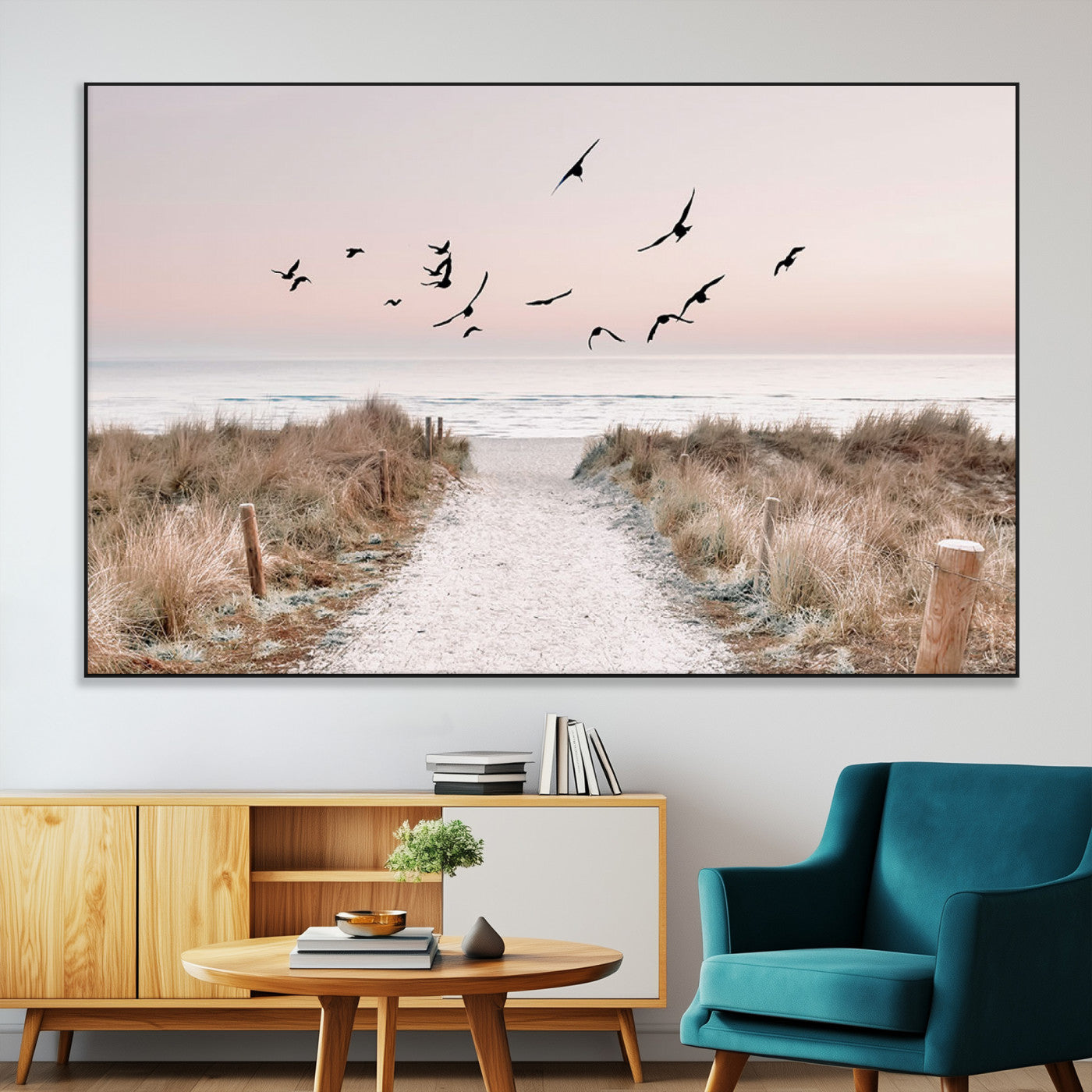 34632598-MGV-CV-36X24-Beach Pathway Wall Art – Coastal Canvas Print with Sandy Trail, Flying Birds and Pastel Sky, Serene Ocean Landscape Photography