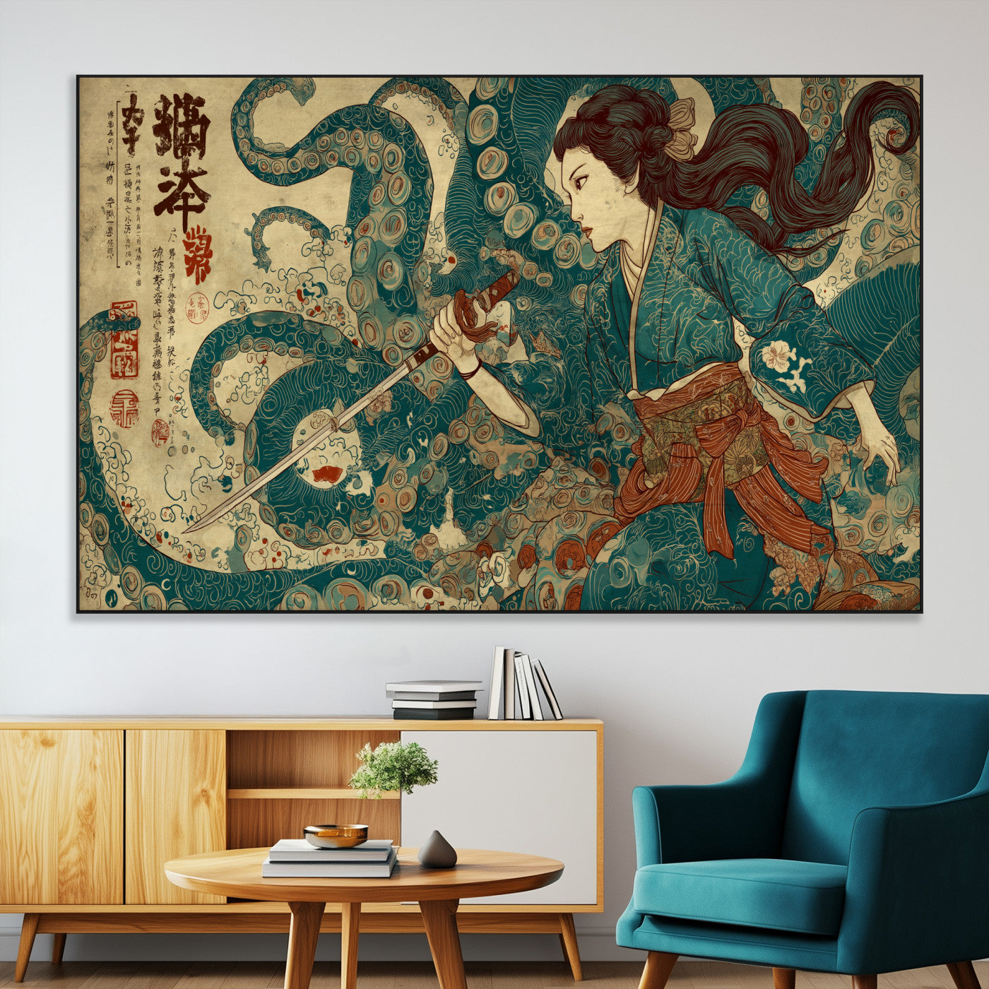 46837670-SEG-FC-51X34_Oversize-Tsukioka Yoshitoshi Samurai Wall Art Print, Japanese Katana Warrior Canvas Wall Art, Octopus Sea Monster Canvas Print,