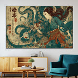 46837670-SEG-FC-51X34_Oversize-Tsukioka Yoshitoshi Samurai Wall Art Print, Japanese Katana Warrior Canvas Wall Art, Octopus Sea Monster Canvas Print,