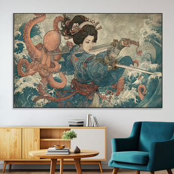 52037775-SEG-FC-51X34_Oversize-Tsukioka Yoshitoshi Samurai Wall Art Print, Japanese Katana Warrior Canvas Wall Art, Octopus Sea Monster Canvas Print,
