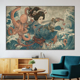52037775-MGV-CV-36X24-Samurai Woman Wall Art – Japanese Ukiyo e Style Canvas Print with Katana, Ocean Waves and Octopus, Traditional Asian Inspired