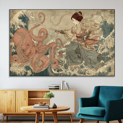 54879547-MGV-CV-36X24-Samurai Woman Wall Art – Japanese Ukiyo-e Style Canvas Print with Katana and Octopus, Traditional Asian Inspired Battle Artwork