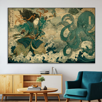 24416422-SEG-FC-51X34_Oversize-Tsukioka Yoshitoshi Samurai Wall Art Print, Japanese Katana Warrior Canvas Wall Art, Octopus Sea Monster Canvas Print,