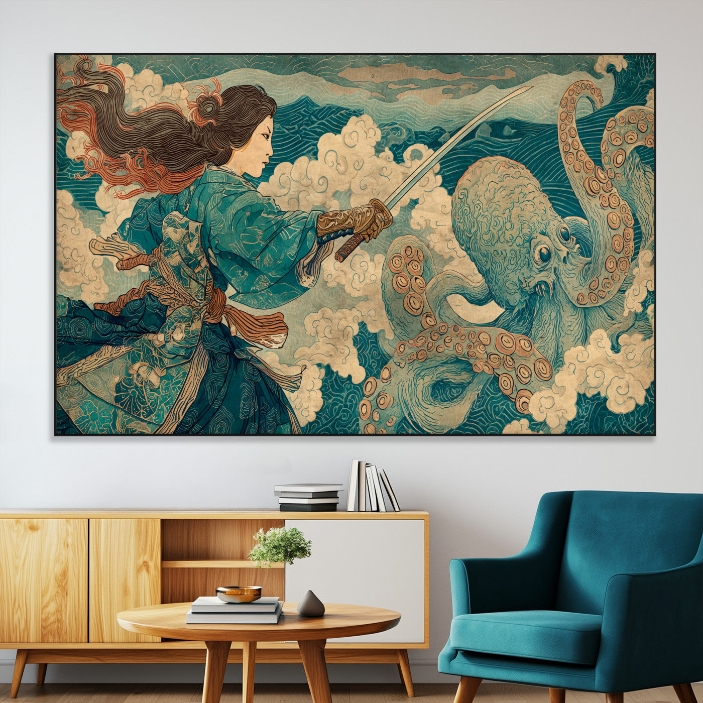 37943964-SEG-FC-51X34_Oversize-Tsukioka Yoshitoshi Samurai Wall Art Print, Japanese Katana Warrior Canvas Wall Art, Octopus Sea Monster Canvas Print,
