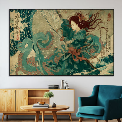 86918027-SEG-FC-51X34_Oversize-Tsukioka Yoshitoshi Samurai Wall Art Print, Japanese Katana Warrior Canvas Wall Art, Octopus Sea Monster Canvas Print,