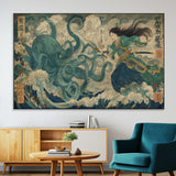 60346622-SEG-FC-51X34_Oversize-Tsukioka Yoshitoshi Samurai Wall Art Print, Japanese Katana Warrior Canvas Wall Art, Octopus Sea Monster Canvas Print,