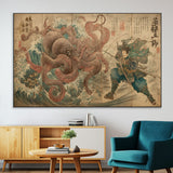 63782167-SEG-FC-51X34_Oversize-Tsukioka Yoshitoshi Samurai Wall Art Print, Japanese Katana Warrior Canvas Wall Art, Octopus Sea Monster Canvas Print,