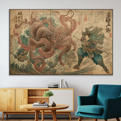 63782167-SEG-FC-51X34_Oversize-Tsukioka Yoshitoshi Samurai Wall Art Print, Japanese Katana Warrior Canvas Wall Art, Octopus Sea Monster Canvas Print,