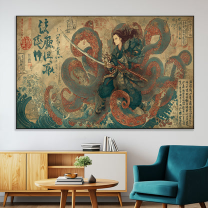 98593115-MGV-CV-36X24-Samurai Warrior vs Octopus Wall Art – Japanese Ukiyo-e Calligraphy Canvas Print, Ocean Battle Scene Artwork for Living Room,