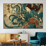 18575670-SEG-FC-51X34_Oversize-Tsukioka Yoshitoshi Samurai Wall Art Print, Japanese Katana Warrior Canvas Wall Art, Octopus Sea Monster Canvas Print,