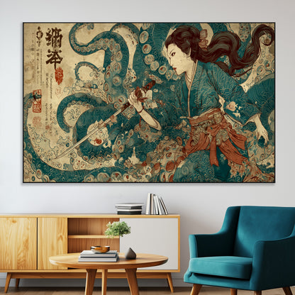 18575670-SEG-FC-51X34_Oversize-Tsukioka Yoshitoshi Samurai Wall Art Print, Japanese Katana Warrior Canvas Wall Art, Octopus Sea Monster Canvas Print,