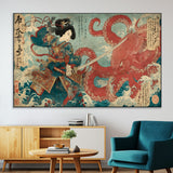 68844327-SEG-FC-51X34_Oversize-Tsukioka Yoshitoshi Samurai Wall Art Print, Japanese Katana Warrior Canvas Wall Art, Octopus Sea Monster Canvas Print,