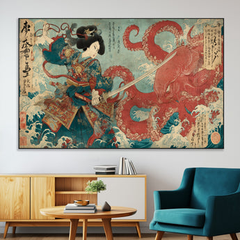 68844327-SEG-FC-51X34_Oversize-Tsukioka Yoshitoshi Samurai Wall Art Print, Japanese Katana Warrior Canvas Wall Art, Octopus Sea Monster Canvas Print,
