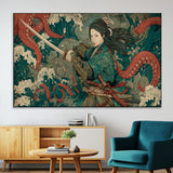 35461724-MGV-CV-36X24-Samurai Woman vs Octopus Wall Art – Japanese Ukiyo-e Ocean Waves Canvas Print, Red Tentacle Battle Artwork for Living Room,