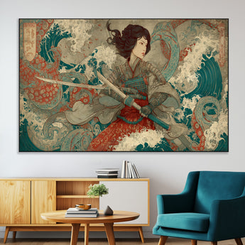 63377977-SEG-FC-51X34_Oversize-Tsukioka Yoshitoshi Samurai Wall Art Print, Japanese Katana Warrior Canvas Wall Art, Octopus Sea Monster Canvas Print,