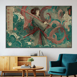 91666601-MGV-CV-36X24-Samurai Woman vs Octopus Wall Art – Japanese Ukiyo-e Green Robe Canvas Print, Ocean Battle Artwork for Living Room, Office, Man