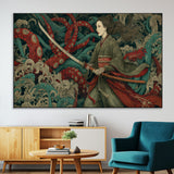18902796-MGV-CV-36X24-Samurai Woman vs Octopus Wall Art – Japanese Ukiyo-e Green Kimono Canvas Print, Ocean Battle Scene Artwork for Living Room,