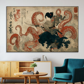 82737246-MGV-CV-36X24-Samurai Woman vs Octopus Wall Art – Japanese Ukiyo-e Dual Sword Canvas Print, Red Tentacle Ocean Battle Artwork for Living Room,