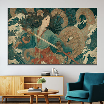 79740258-MGV-CV-36X24-Samurai Woman vs Octopus Wall Art – Japanese Ukiyo-e Blue Kimono Canvas Print, Ocean Battle Artwork for Living Room, Office, Man