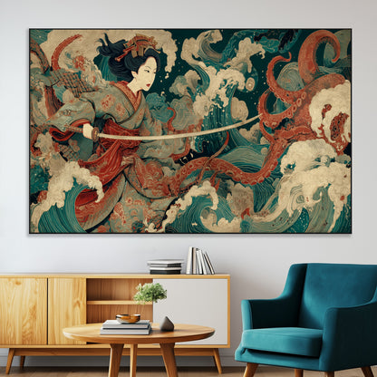 30212982-MGV-CV-36X24-Samurai Woman vs Octopus Wall Art – Japanese Ukiyo-e Style Warrior and Sea Monster Canvas Print, Mythology Inspired Artwork for