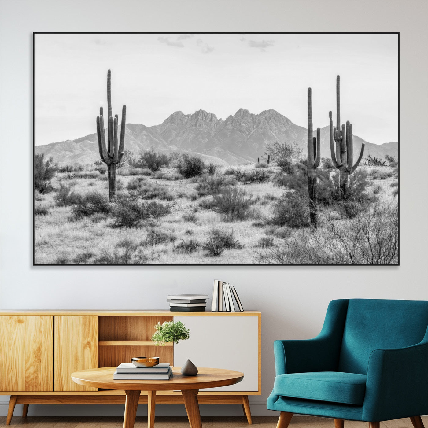 97436PHN-MGV-CV-36X24-Desert Landscape Wall Art – Black and White Cactus and Mountain Canvas Print, Southwestern Nature Photography for Living Room,