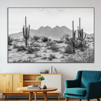 97436PHN-MGV-CV-36X24-Desert Landscape Wall Art – Black and White Cactus and Mountain Canvas Print, Southwestern Nature Photography for Living Room,