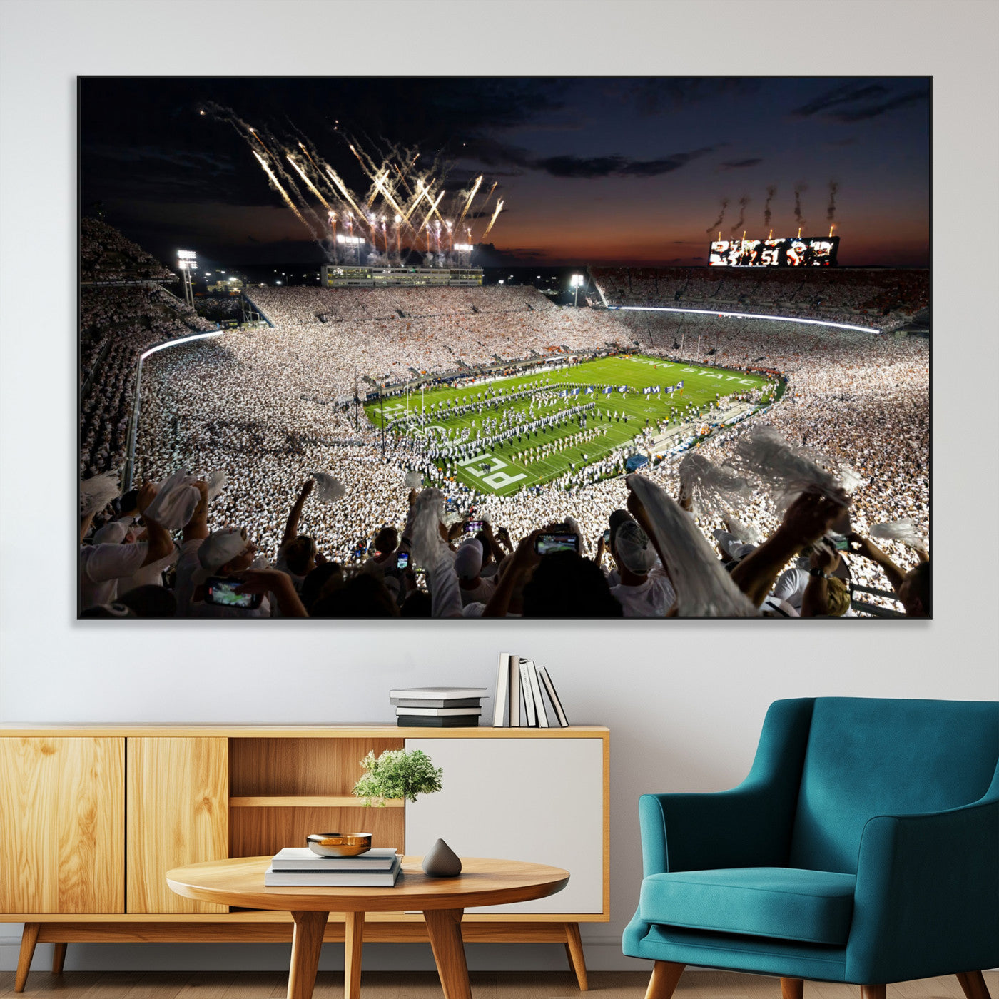 Penn-MGV-CV-36X24-Football Stadium Wall Art – Panoramic Night Game Canvas Print, Packed Crowd with Fireworks, Sports Decor for Office, Man Cave, Bar