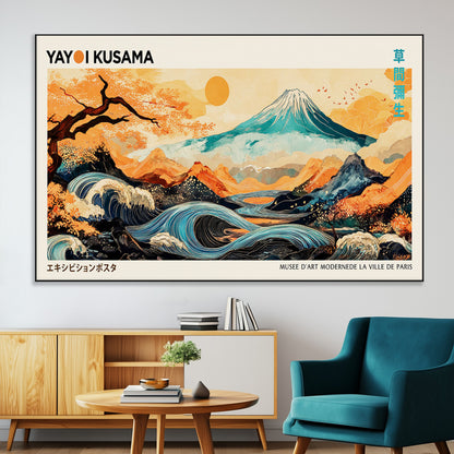 94085549-SEG-FC-51X34_Oversize-Yayoi Kusama Inspired Japanese Landscape Art Print – Vibrant Mount Fuji, Waves & Autumn Trees, Modern Decorative Poster for