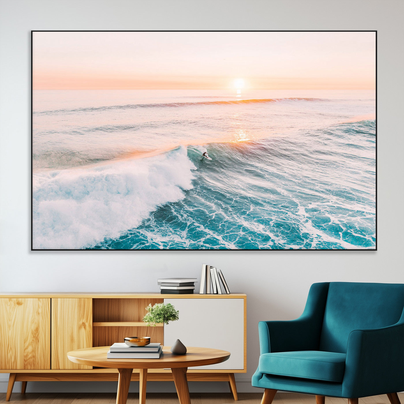 34064591-MGV-CV-36X24-Surfing Wall Art – Sunset Ocean Wave Canvas Print, Surfer Riding Sea Photography Decor for Bedroom, Living Room, Office, Coastal
