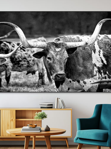 15425553-MGV-CV-36X24-Western Wall Art – Longhorn Cattle Black and White Canvas Print, Rustic Ranch Photography Decor for Bedroom, Living Room, Office,