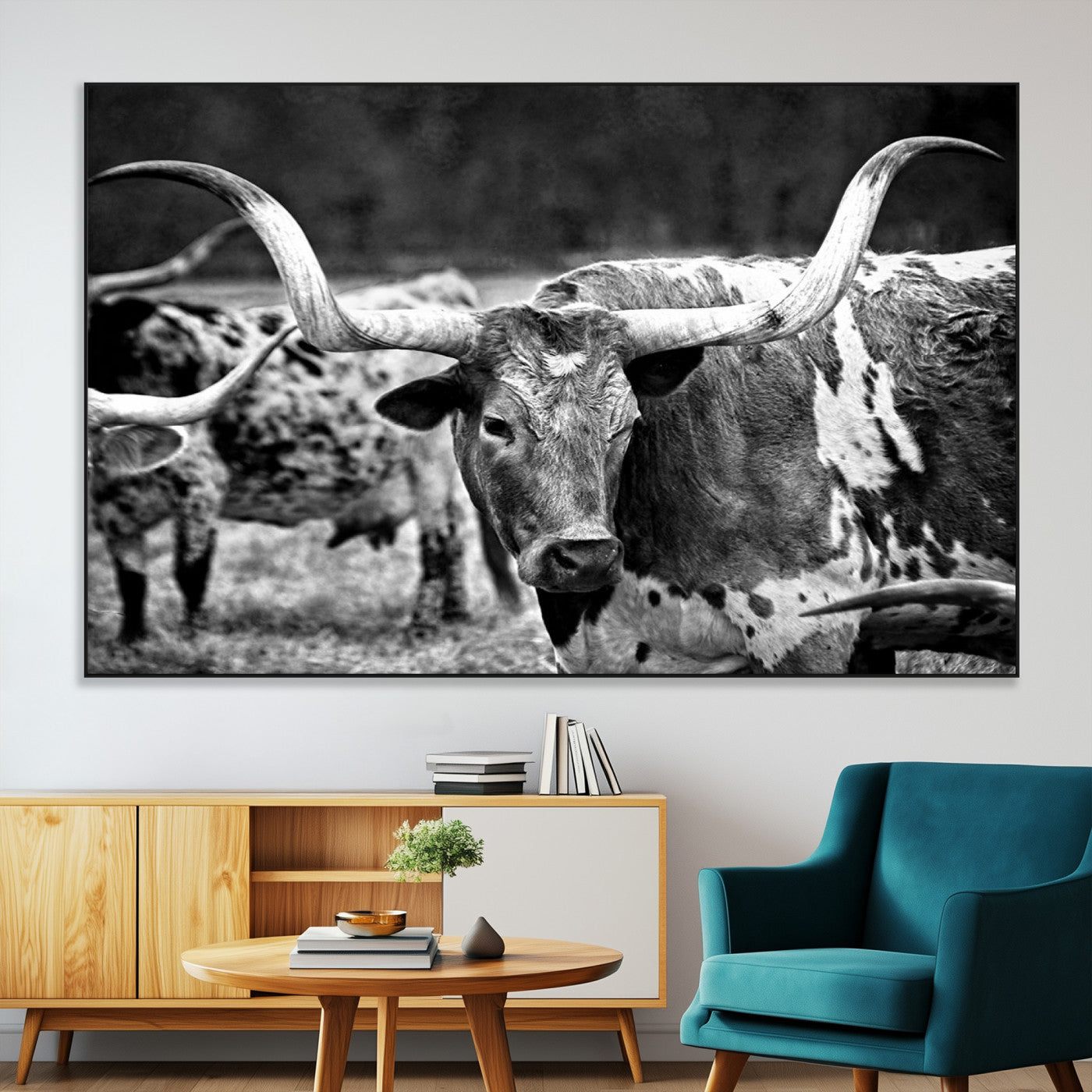 15425553-MGV-CV-36X24-Western Wall Art – Longhorn Cattle Black and White Canvas Print, Rustic Ranch Photography Decor for Bedroom, Living Room, Office,