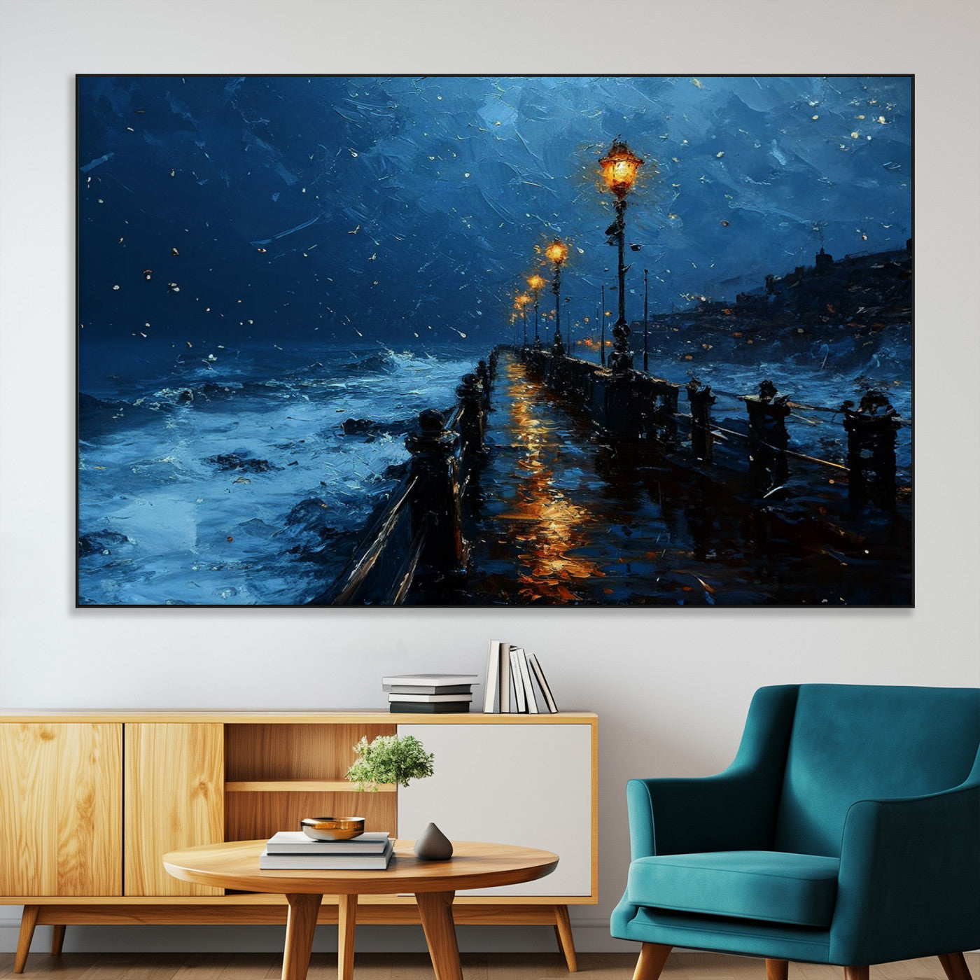 48300530-MGV-CV-36X24-Night Pier Wall Art – Moody Ocean Boardwalk Canvas Print, Impressionist Coastal Seascape Painting Decor for Living Room, Office,