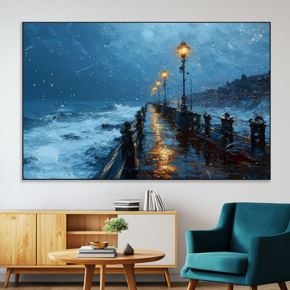 93793246-MGV-CV-36X24-Stormy Night Pier Canvas Wall Art – Moody Ocean Landscape with Lights, Blue Coastal Seascape Print for Bedroom, Living Room,