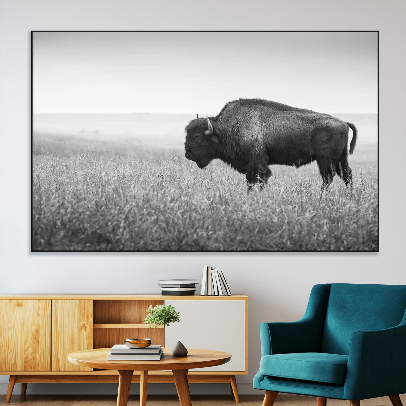 90861202-MGV-CV-36X24-Black and White Bison Canvas Wall Art – Rustic American Buffalo Print, Western Wildlife Photography for Farmhouse, Cabin, Office