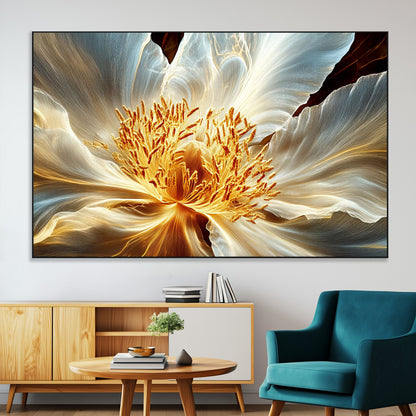 20862576-MGV-CV-36X24-Golden Abstract Flower Canvas Wall Art – Modern Botanical Bloom Print, Elegant Floral Artwork for Living Room, Bedroom, Office