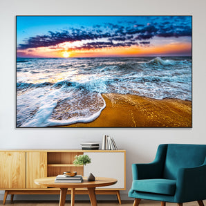 24077769-MGV-CV-36X24-Sunset Beach Wall Art – Ocean Waves Canvas Print, Golden Shoreline Photography Coastal Decor for Living Room, Bedroom, Office,