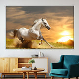 67478480-MGV-CV-36X24-White Horse Running at Sunset Wall Art – Majestic Equestrian Photography Print, Rustic Farmhouse Decor, Golden Sky Horse Lover