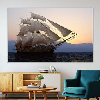 99957679-MGV-CV-36X24-Majestic Sailing Ship Wall Art – Sunset Ocean Voyage, Classic Tall Ship with Wind Filled Sails Canvas Print for Home, Office,