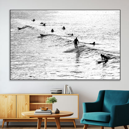 68018616-MGV-CV-36X24-Black and White Surf Photography Print – Minimalist Ocean Wall Art, Surfers Riding Waves, Coastal Beach Decor for Modern Home or