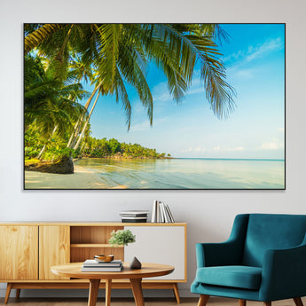 65056721-MGV-CV-36X24-Tropical Beach Wall Art – Palm Tree Coastal Photography Print, Relaxing Ocean Paradise Landscape, Island Seascape Home or Office