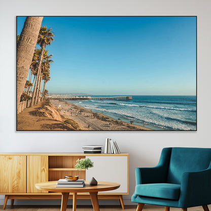 92568259-MGV-CV-36X24-California Beach Wall Art – Palm Tree Pier Canvas Print, Coastal Ocean Photography Seaside Decor for Living Room, Bedroom, Office,