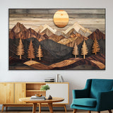 90044381-MGV-CV-36X24-Rustic Wall Art – Wooden Mountain Landscape with Sun and Pine Trees, Handcrafted Nature Canvas Style Decor for Bedroom, Living