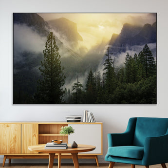 38316884-MGV-CV-36X24-Landscape Wall Art – Misty Mountain Valley Canvas Print, Scenic Pine Forest and Sunrise Photography Decor for Bedroom, Living