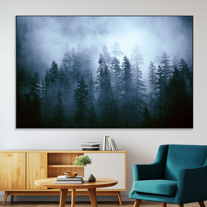 93439624-MGV-CV-36X24-Forest Wall Art – Misty Pine Trees Canvas Print, Moody Nature Photography Decor for Bedroom, Living Room, Office, Cabin, Lodge or