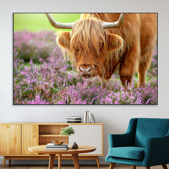 64069351-MGV-CV-36X24-Farmhouse Wall Art – Highland Cow in Wildflowers Canvas Print, Rustic Country Cattle Photography Decor for Bedroom, Living Room,