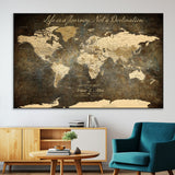 13394308-MGV-CV-36X24-Personalized World Map Wall Art – Dark Rustic Vintage Adventure Travel Map with Custom Couple Names, Timeless Wall Decor for Home