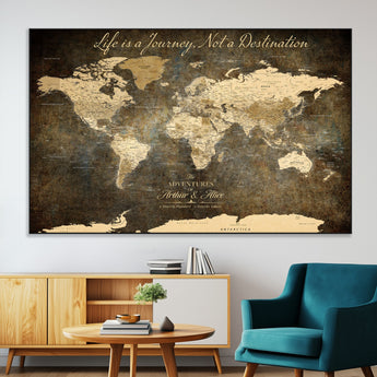 13394308-MGV-CV-36X24-Personalized World Map Wall Art – Dark Rustic Vintage Adventure Travel Map with Custom Couple Names, Timeless Wall Decor for Home