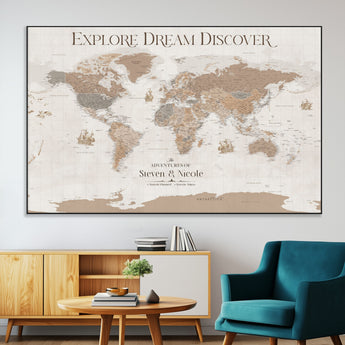 56148717-MGV-CV-36X24-Personalized World Map Wall Art – Neutral Beige & Brown Vintage Adventure Travel Map with Custom Couple Names, Classic Wall Decor