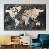 55548943-MGV-CV-36X24-Personalized World Map Wall Art – Rustic Wood Texture Adventure Travel Map with Custom Couple Names, Vintage Dark Wall Decor for
