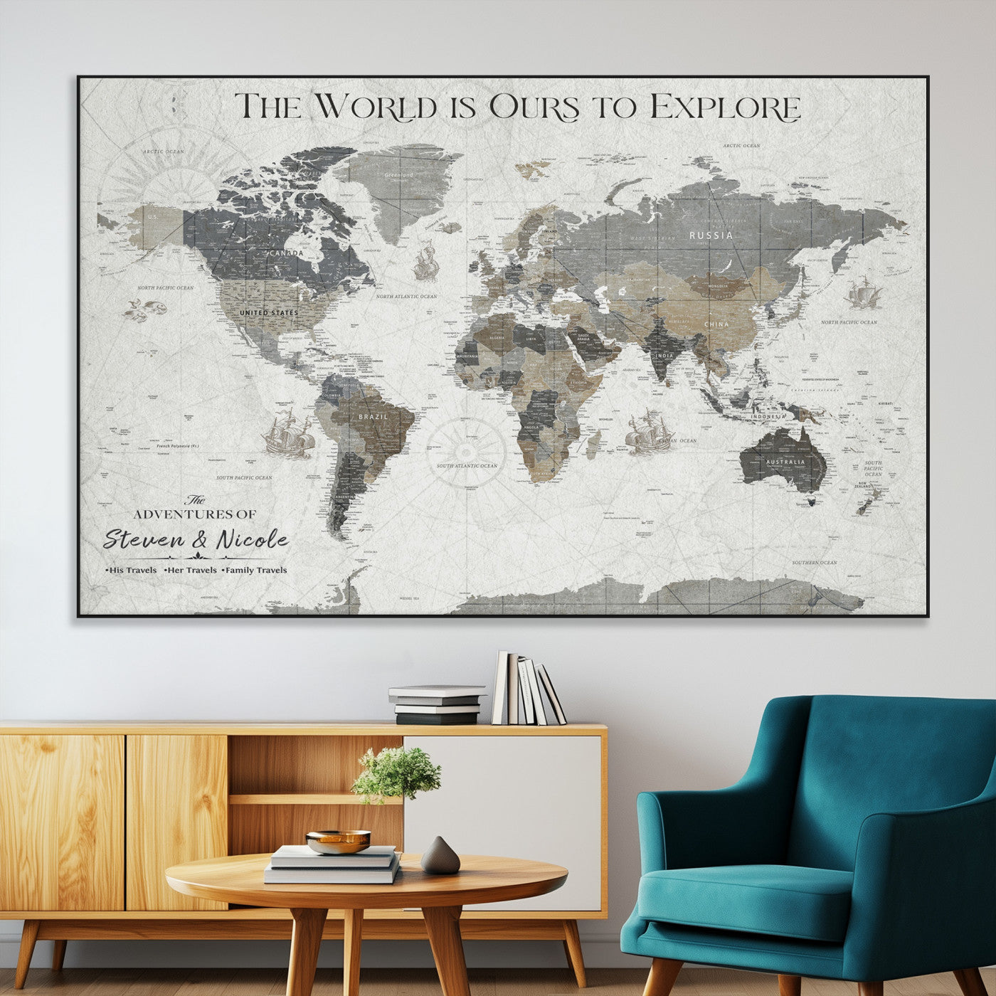 97082026-MGV-CV-36X24-Personalized World Map Wall Art – Vintage Gray Adventure Travel Map with Custom Couple or Family Names, Rustic Wall Decor for Home